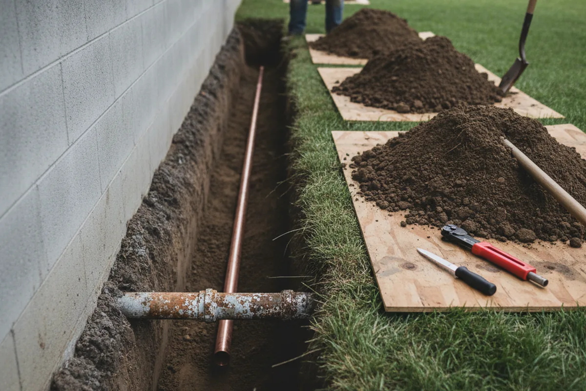 Excavated water line trench during Water Heater Repair in Welches